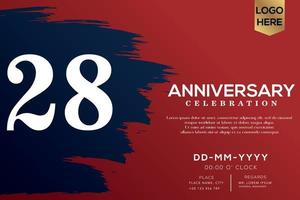 28 years anniversary celebration vector with blue brush isolated on red background with text template design