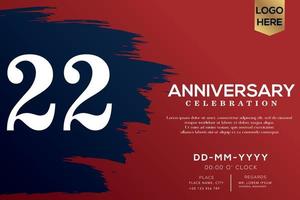 22 years anniversary celebration vector with blue brush isolated on red background with text template design