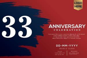 33 years anniversary celebration vector with blue brush isolated on red background with text template design