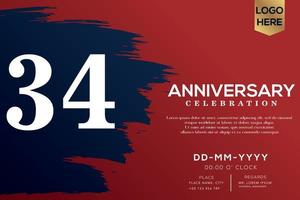 34 years anniversary celebration vector with blue brush isolated on red background with text template design