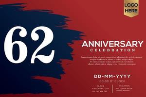 62 years anniversary celebration vector with blue brush isolated on red background with text template design