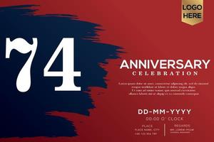 74 years anniversary celebration vector with blue brush isolated on red background with text template design