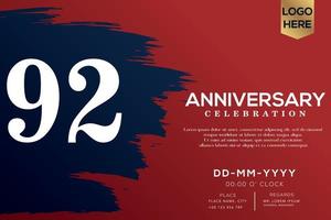 92 years anniversary celebration vector with blue brush isolated on red background with text template design