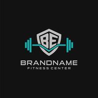 Creative letter BE logo design for gym or fitness with simple shield and barbell design style vector