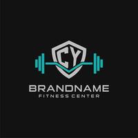 Creative letter CY logo design for gym or fitness with simple shield and barbell design style vector