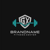 Creative letter GX logo design for gym or fitness with simple shield and barbell design style vector