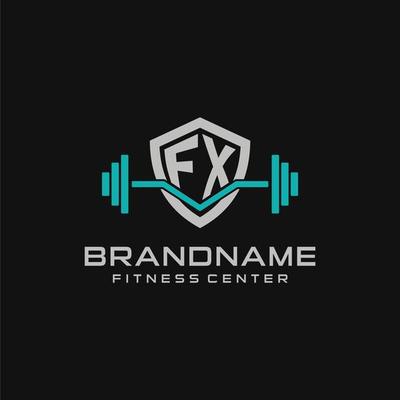 Creative letter FX logo design for gym or fitness with simple shield and barbell design style