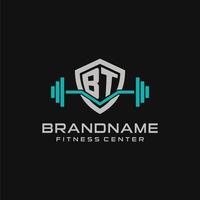 Creative letter BT logo design for gym or fitness with simple shield and barbell design style vector