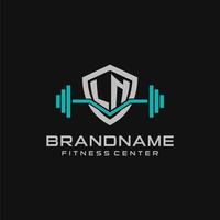 Creative letter LN logo design for gym or fitness with simple shield and barbell design style vector