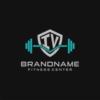 Creative letter IV logo design for gym or fitness with simple shield and barbell design style vector