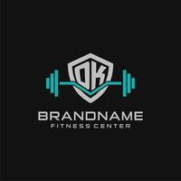 Creative letter OK logo design for gym or fitness with simple shield and barbell design style vector