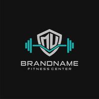 Creative letter MU logo design for gym or fitness with simple shield and barbell design style vector