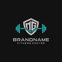 Creative letter MG logo design for gym or fitness with simple shield and barbell design style vector