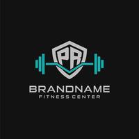 Creative letter PR logo design for gym or fitness with simple shield and barbell design style vector