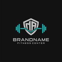 Creative letter NA logo design for gym or fitness with simple shield and barbell design style vector