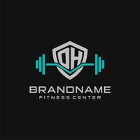 Creative letter OH logo design for gym or fitness with simple shield and barbell design style vector