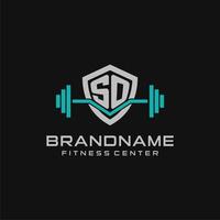 Creative letter SO logo design for gym or fitness with simple shield and barbell design style vector