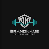Creative letter QK logo design for gym or fitness with simple shield and barbell design style vector