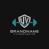 Creative letter UV logo design for gym or fitness with simple shield and barbell design style vector