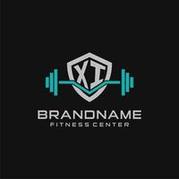Creative letter XI logo design for gym or fitness with simple shield and barbell design style vector