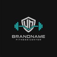 Creative letter UM logo design for gym or fitness with simple shield and barbell design style vector