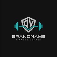 Creative letter QV logo design for gym or fitness with simple shield and barbell design style vector