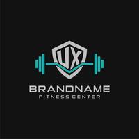 Creative letter UX logo design for gym or fitness with simple shield and barbell design style vector