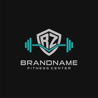 Creative letter RZ logo design for gym or fitness with simple shield and barbell design style vector