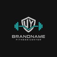 Creative letter UY logo design for gym or fitness with simple shield and barbell design style vector