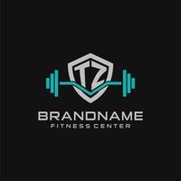 Creative letter TZ logo design for gym or fitness with simple shield and barbell design style vector