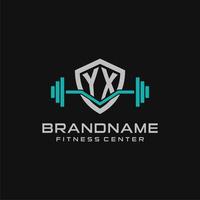 Creative letter YX logo design for gym or fitness with simple shield and barbell design style vector