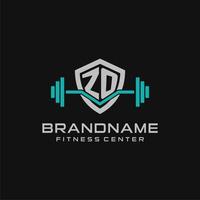 Creative letter ZO logo design for gym or fitness with simple shield and barbell design style vector