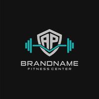 Creative letter AP logo design for gym or fitness with simple shield and barbell design style vector