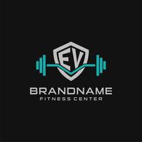 Creative letter EV logo design for gym or fitness with simple shield and barbell design style vector