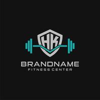 Creative letter HK logo design for gym or fitness with simple shield and barbell design style vector