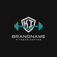 Creative letter KI logo design for gym or fitness with simple shield and barbell design style vector