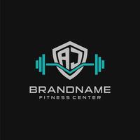 Creative letter AJ logo design for gym or fitness with simple shield and barbell design style vector