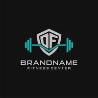 Creative letter DF logo design for gym or fitness with simple shield and barbell design style vector