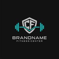 Creative letter CF logo design for gym or fitness with simple shield and barbell design style vector