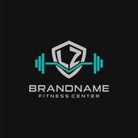 Creative letter LZ logo design for gym or fitness with simple shield and barbell design style vector