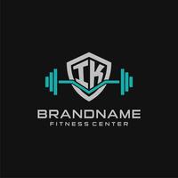 Creative letter IK logo design for gym or fitness with simple shield and barbell design style vector