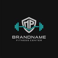 Creative letter MP logo design for gym or fitness with simple shield and barbell design style vector