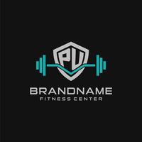 Creative letter PU logo design for gym or fitness with simple shield and barbell design style vector