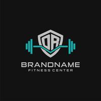 Creative letter OR logo design for gym or fitness with simple shield and barbell design style vector