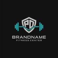 Creative letter PO logo design for gym or fitness with simple shield and barbell design style vector