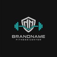 Creative letter NN logo design for gym or fitness with simple shield and barbell design style vector