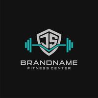 Creative letter JS logo design for gym or fitness with simple shield and barbell design style vector