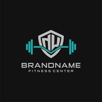 Creative letter NW logo design for gym or fitness with simple shield and barbell design style vector