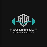 Creative letter NU logo design for gym or fitness with simple shield and barbell design style vector