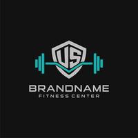 Creative letter US logo design for gym or fitness with simple shield and barbell design style vector